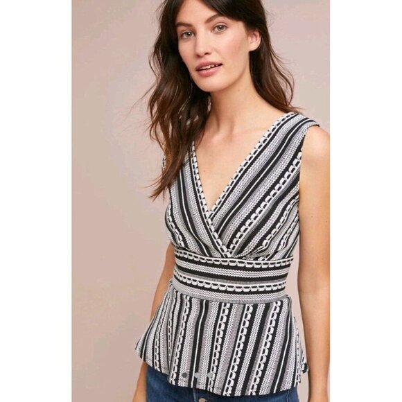 Vanessa Virginia Anthropologie Black & White V-Neck Upton Peplum Cropped Large - Picture 1 of 5